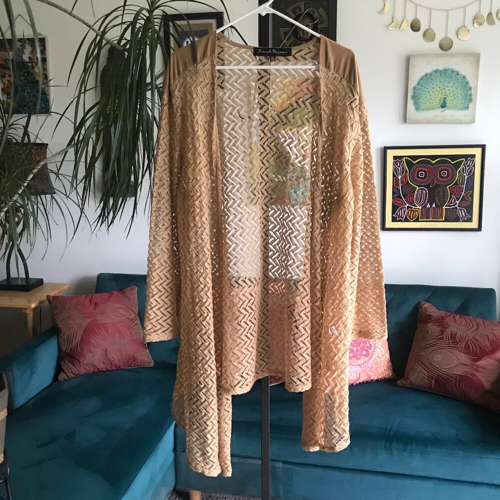 FRENCH BAZAAR size XXL Tan Open Weave Drape Front Topper Kimono Cardigan